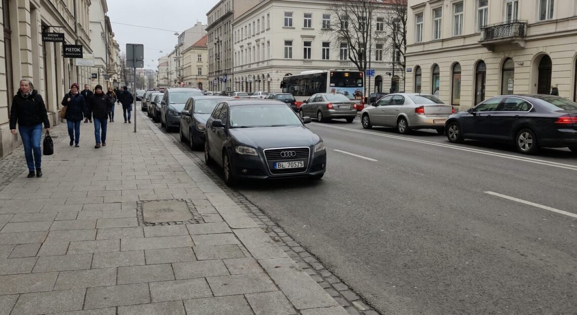 Ulica bez drogi rowerowej, widoczny chodnik i ruch samochodowy, reportażowy kadr.