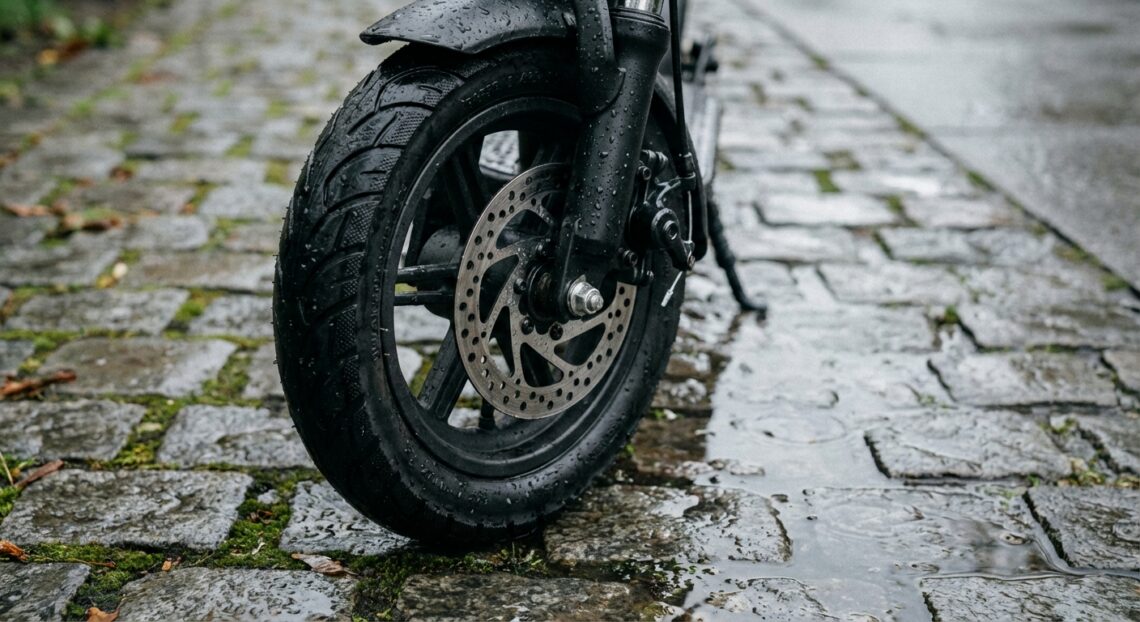 Zbliżenie na koło hulajnogi na mokrej kostce, widoczna opona i hamulec, naturalne światło.