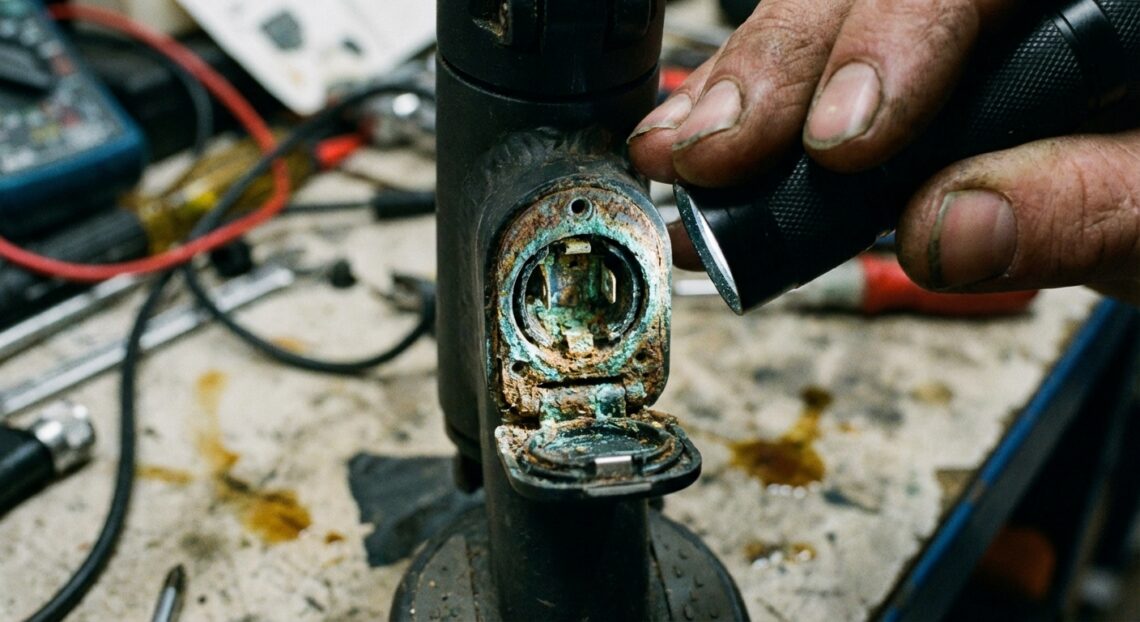Detal gniazda ładowania hulajnogi z widocznymi oznakami korozji i nalotu.