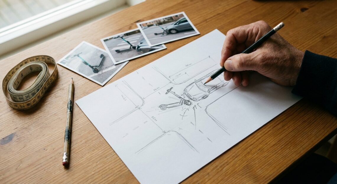 Odręczny szkic miejsca zdarzenia hulajnogi na kartce z miarką i wydrukowanymi zdjęciami obok.