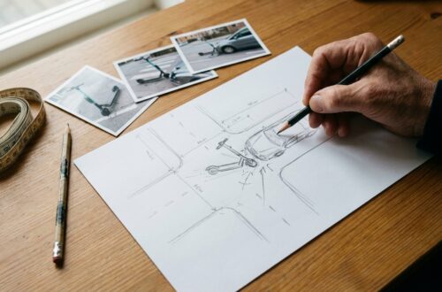 Odręczny szkic miejsca zdarzenia hulajnogi na kartce z miarką i wydrukowanymi zdjęciami obok.