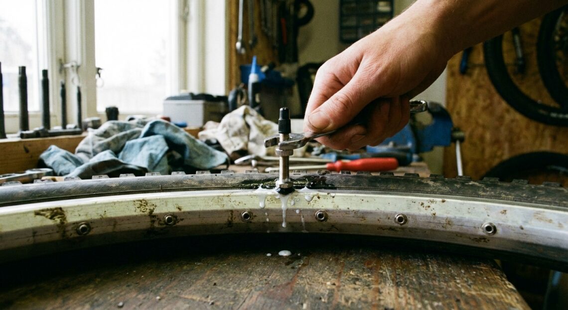 Zawór tubeless w obręczy hulajnogi z uszczelniaczem, ręka dokręca nakrętkę, warsztat.