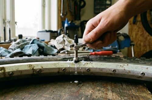 Zawór tubeless w obręczy hulajnogi z uszczelniaczem, ręka dokręca nakrętkę, warsztat.