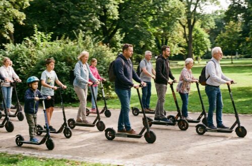 Dynamiczne zdjęcie testu hulajnóg w ruchu; osoby testujące modele w parku miejskim.