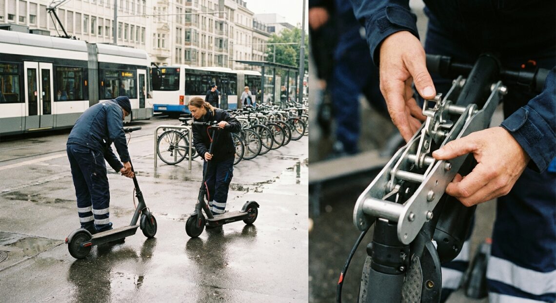 Dwie osoby składają hulajnogi na stacji tramwajowej, pokaz mechanizmu składania w zbliżeniu.