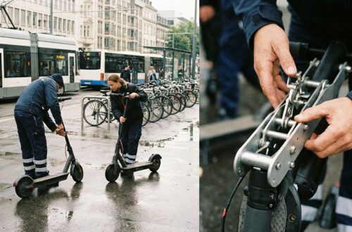 Dwie osoby składają hulajnogi na stacji tramwajowej, pokaz mechanizmu składania w zbliżeniu.