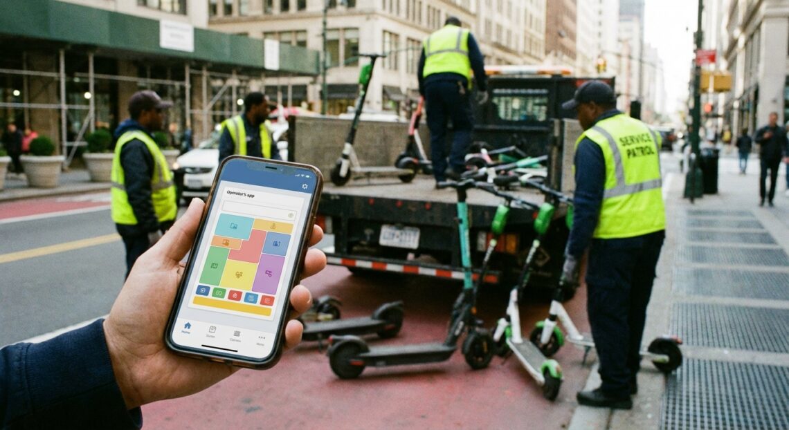 Telefon z formularzem zgłoszenia i ekipa serwisowa zabierająca hulajnogi z ulicy.