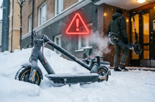 Hulajnoga na śniegu przed wejściem do ciepłego pomieszczenia, wskazanie konieczności przeniesienia przed ładowaniem.